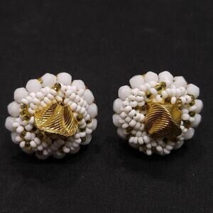 Vintage 1950s White Bead Gold Filigree Clip On Earrings Textured Ruffle Beads